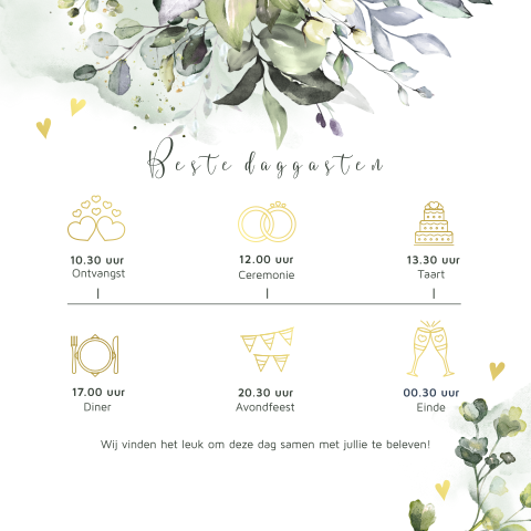 Eucalyptus dagprogramma kaart details trouwdag foliedruk