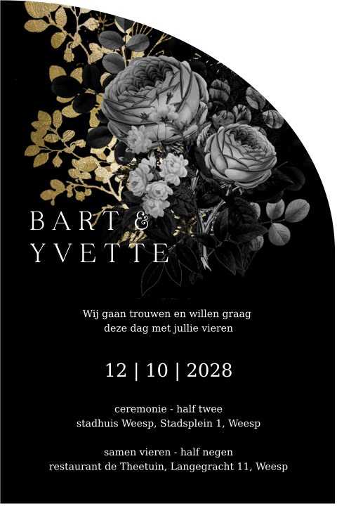 Trouwkaart halve boog vorm zwart bloem