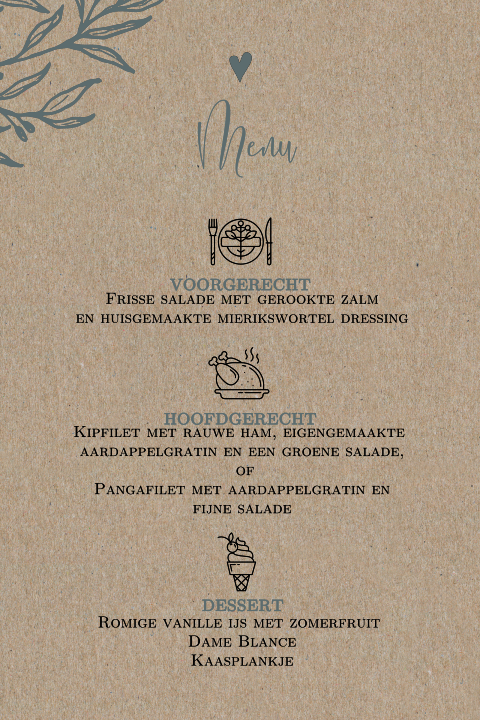 Botanische menu en drank kaart trouwen kraft icoontjes