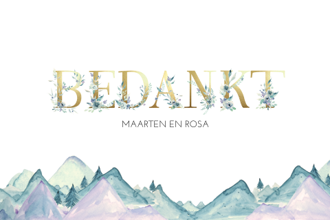 Enkele foto bedankkaart met bergen en goudkleurige letters
