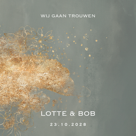 Watercolor greenery trouwkaart met goudpoeder look