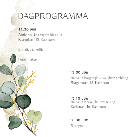 Eucalyptus watercolor leaves programmakaart trouwkaart