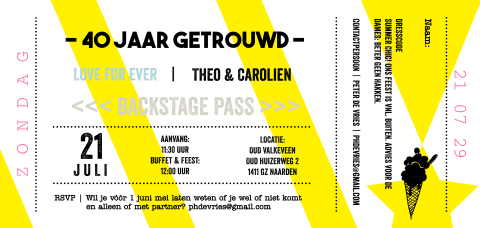 Moderne ticket jubileum uitnodiging geel 40 jaar