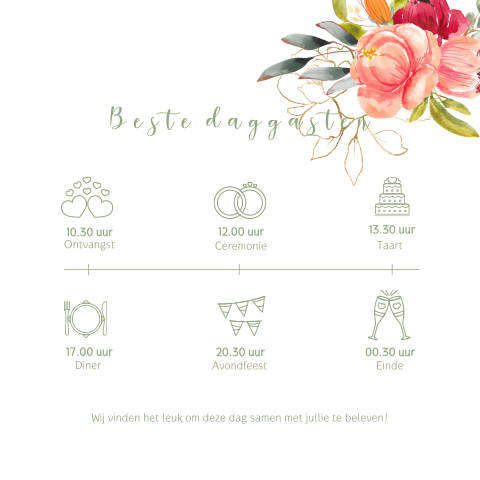 Bloemen boeket programma kaart details trouwdag
