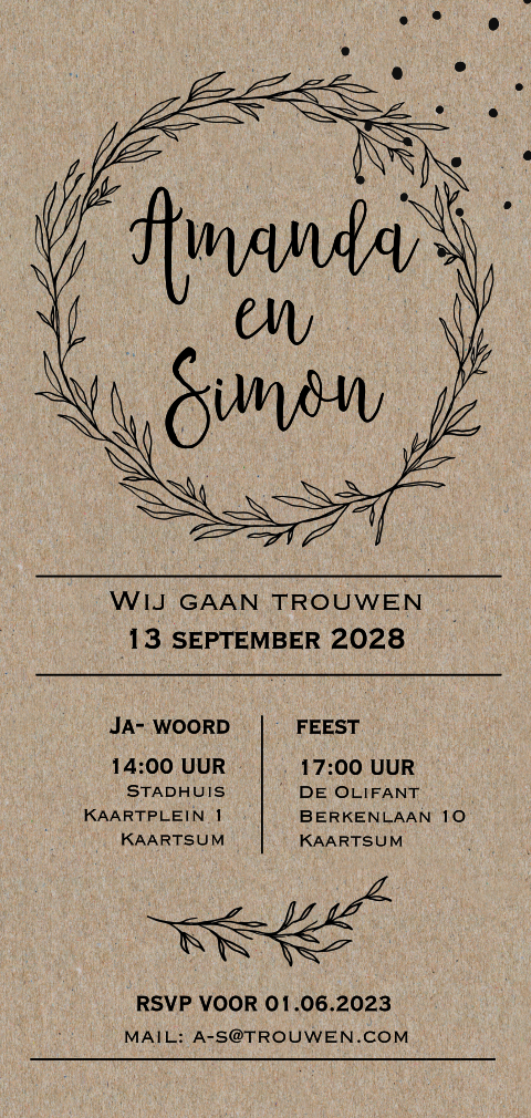 Botanische trouwkaart met krans gedrukt op echt kraft papier