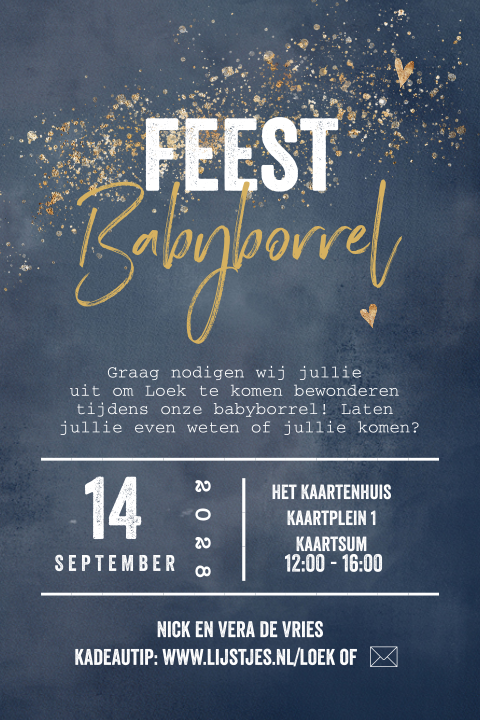 ticket uitnodiging kraamfeest in donkerblauw aquarel
