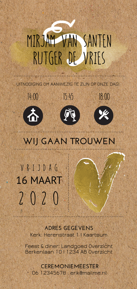 Extra lange kraft trouwkaart hart met goud folie