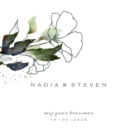 Watercolor greenery trouwkaart penseel bloem en blad