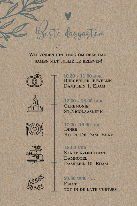 Botanische kraft dagprogramma kaart details trouwdag