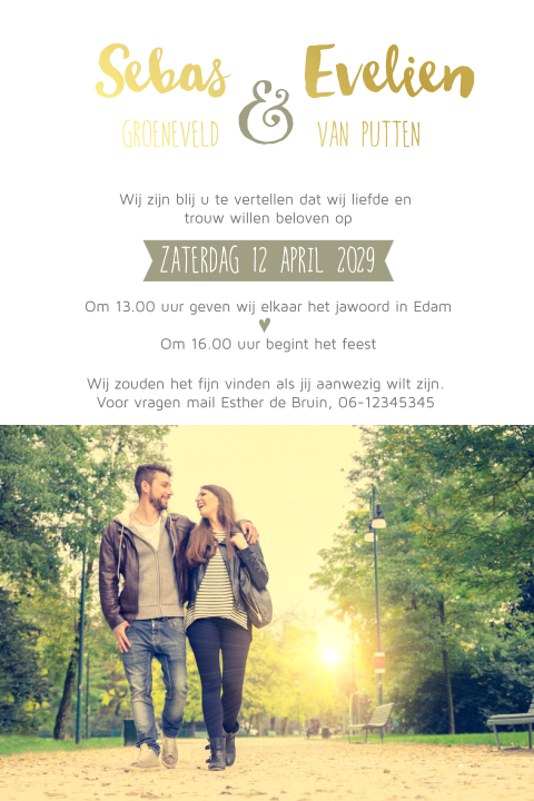 Clean foto trouwkaart legergroen echt goudfolie
