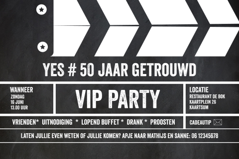 Uitnodiging 50 jaar getrouwd movie ticket themafilm klapper scene bord