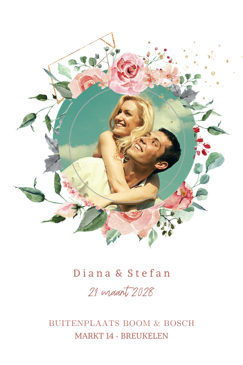 Bohemian trouwkaart met rose rozenkrans in watercolor