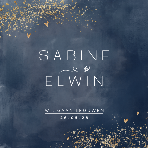 Trouwkaart donkerblauw watercolor met goud look