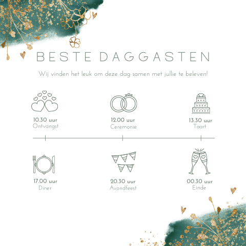 Groen dagprogramma kaart details voor trouwdag