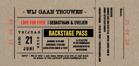 Ticket trouwkaart gedrukt op echt kraft papier