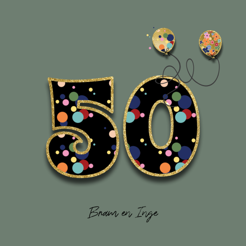 Feestelijke 50 huwelijksuitnodiging goud look ballonnen
