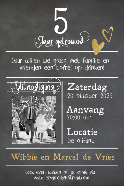 Enkele foto uitnodiging 5 jaar getrouwd krijtbord look