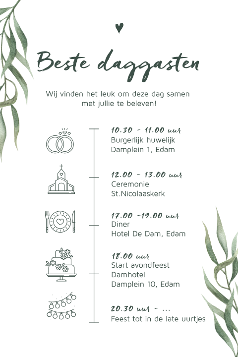 Botanisch dagprogramma kaart details voor trouwdag