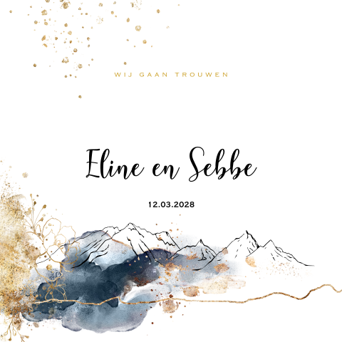 Trouwkaart donkerblauw watercolor brush mountain winter