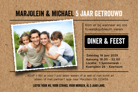 Uitnodiging 5 jarig huwelijksjubileum ticket stijl