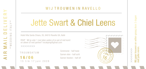 Ticket stijl trouwkaart air post boarding pass