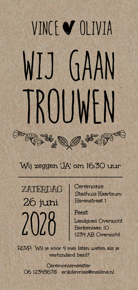 Trouwkaart blad elementen en hartje gedrukt op echt kraft papier