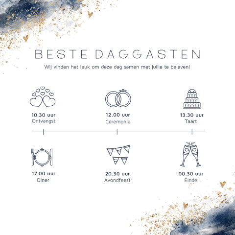 Blauw dagprogramma kaart details voor trouwdag
