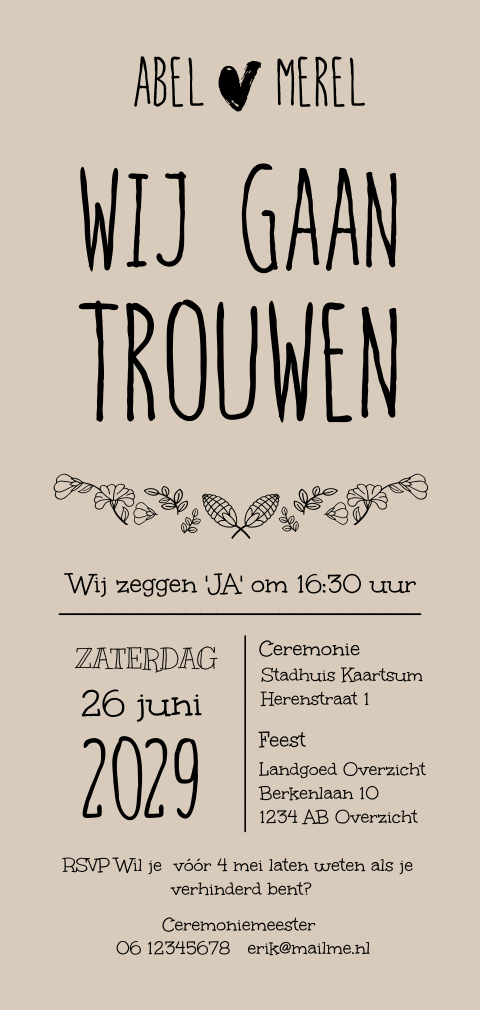 Hippe staande trouwkaart beige grafisch zelf maken