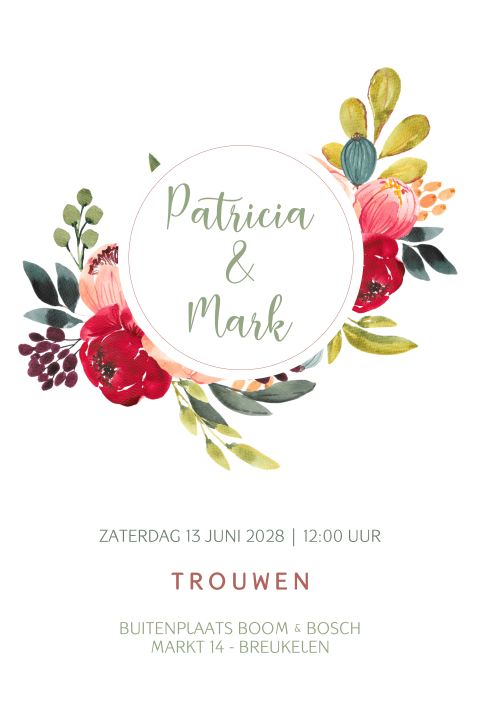 Enkele floral chic trouwkaart bonte bloemen in vrolijke kleuren