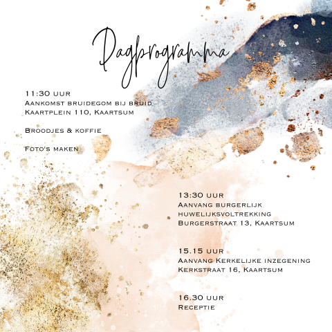 Navy blue watercolor programmakaart bij trouwkaart