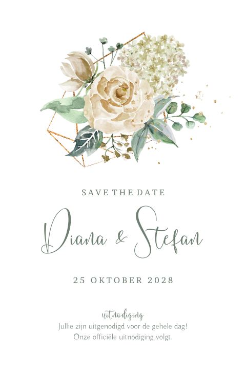 Save the date kaart watercolor witte bloemen geovorm