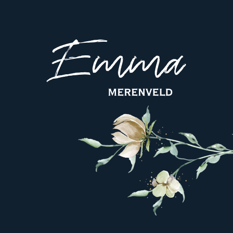 Donkerblauw naamkaartje met witte bloemen
