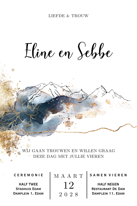 Trouwkaart enkel met winter mountain in blauw aquarel