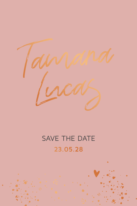 Uniek save the date trouwkaart roze, spetters en écht goudfolie druk