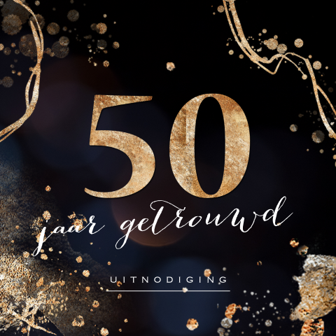Uitnodiging 50 jubileum blauw goud look spetters