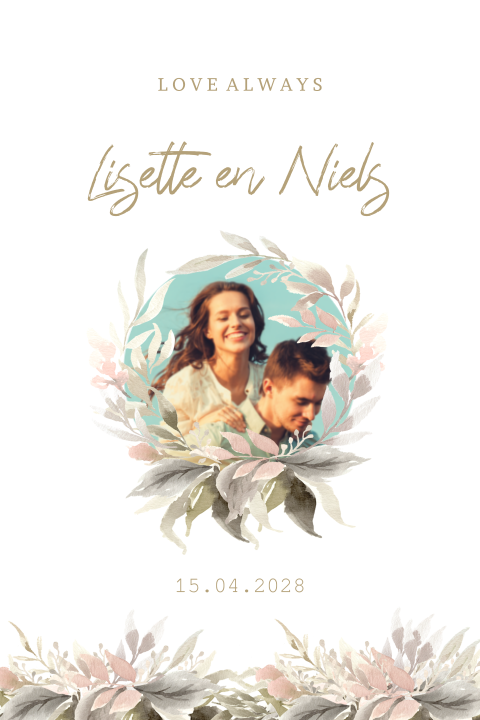 Stijlvolle trouwkaart pastel watercolor bloemen krans