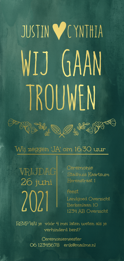 Chique staande trouwkaart groen grafisch goudfolie druk