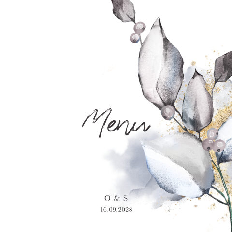 Moderne menukaart met paars blad in aquarel