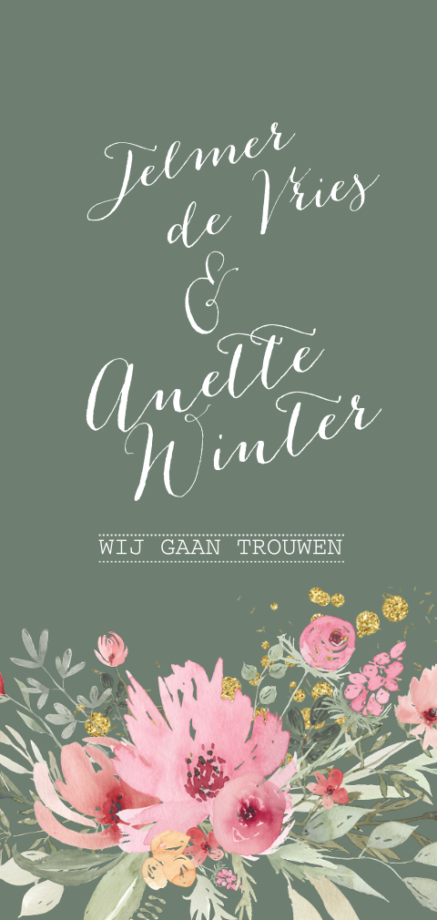 Unieke trouwkaart green chic flowers