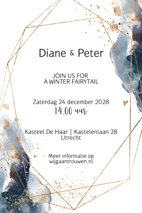 Trouwkaart in navy blue watercolor en geo goudlook