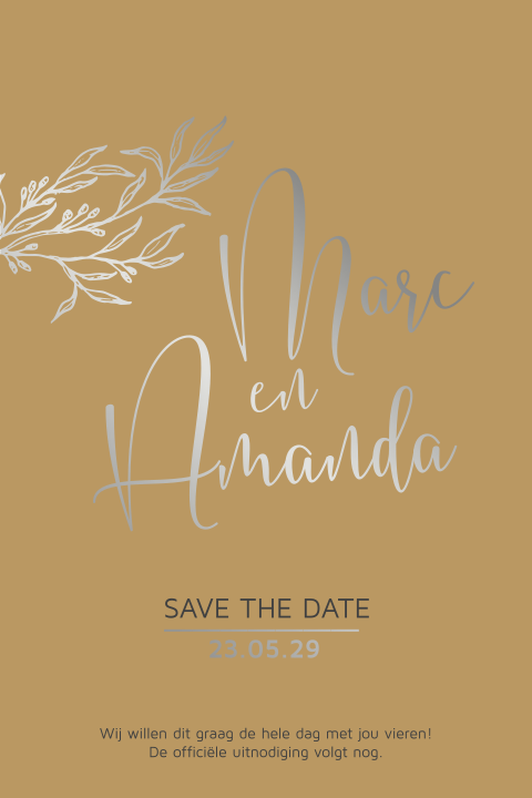 Oker save the date trouwkaart takje en écht zilverfolie
