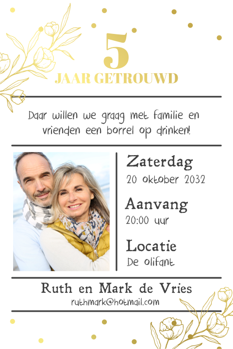 Enkele confetti uitnodiging 5 jaar getrouwd