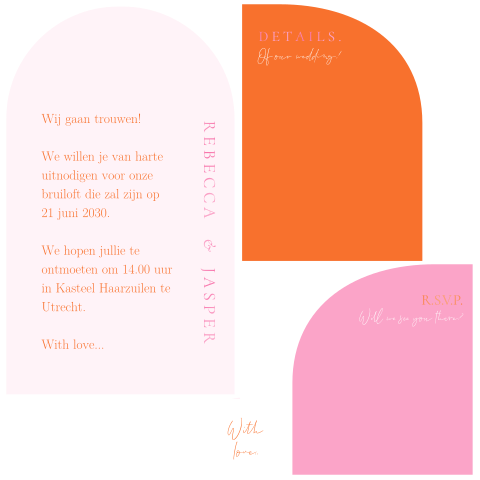 Trouwkaart met stapelkaartjes in roze en oranje tinten