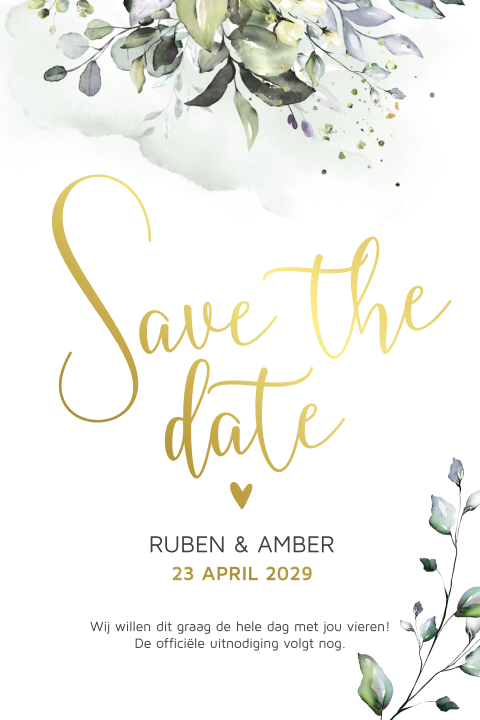 Botanische save the date trouwkaart watercolour takjes écht goudfolie