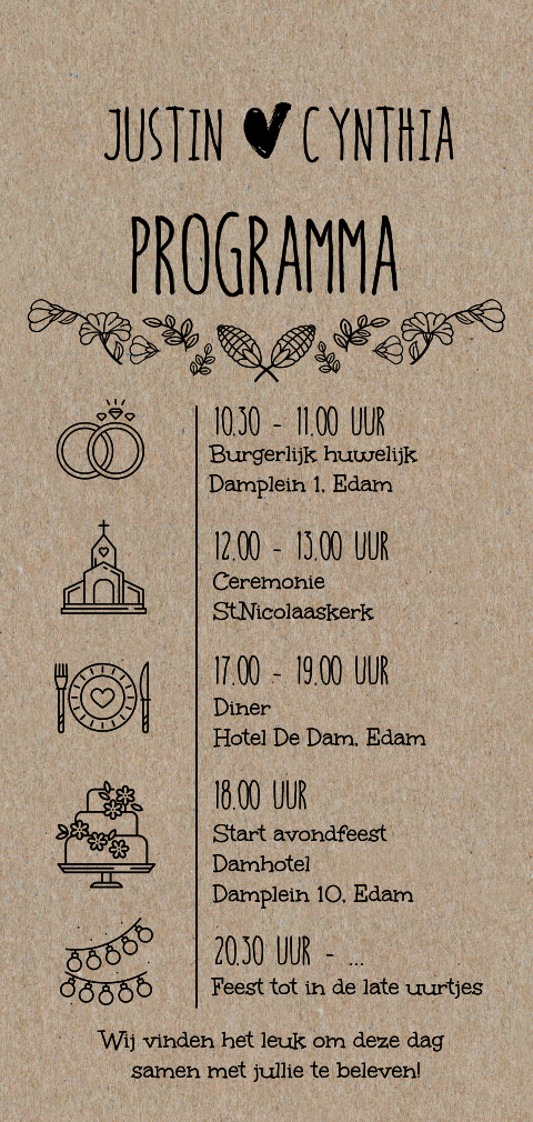Staande programma kaart kraft voor trouwdag zelf maken