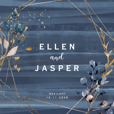 Navy blue watercolor trouwkaart goud look kader bloem