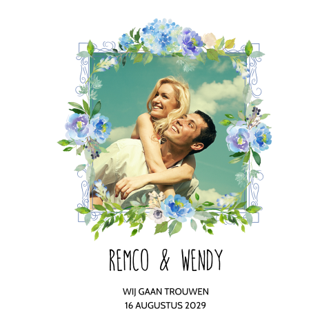 klassieke trouwkaart met bloemen fotokader in groen blauw watercolor
