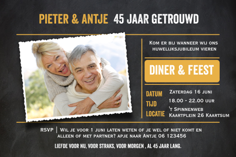 Uitnodiging 45 jarig huwelijksjubileum krijtbord