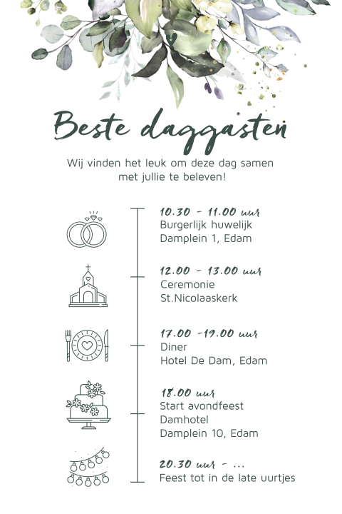 Botanisch boeket dagprogramma kaart details voor trouwdag
