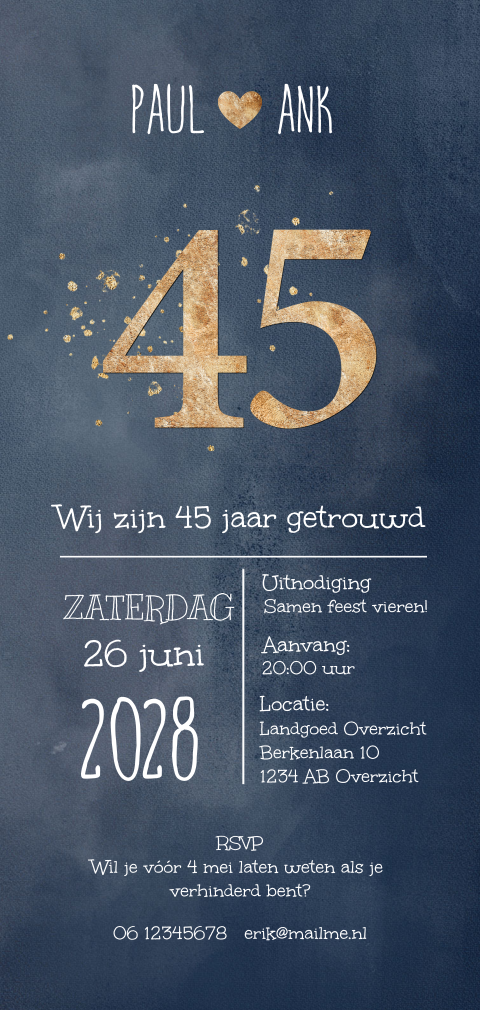 Uitnodiging 45 jarig huwelijksjubileum langwerpig blauw